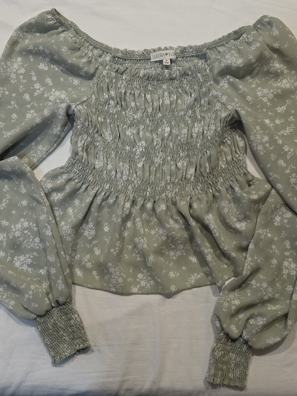Ultra Flirt Sage Green Floral Smocked Off-Shoulder Top